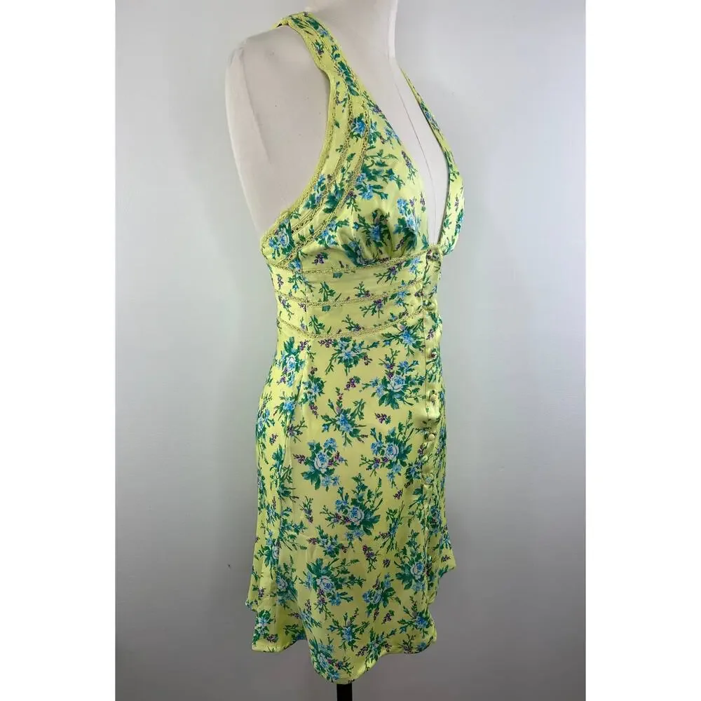 ASOS Design NEW Satin Mini Dress Lace Trim Button Front Yellow Ditsy Floral Sz 2